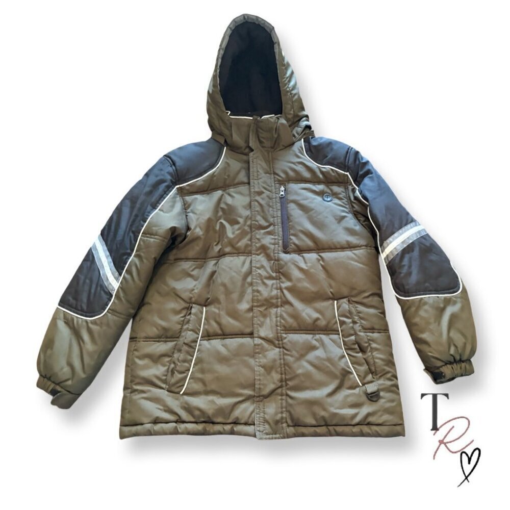 Protection System Boys Winter Jacket Size 14/16 Olive Green Black Hooded Puffer